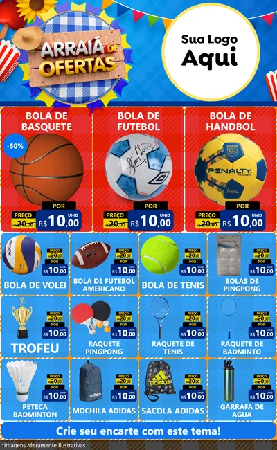 Modelo de Encarte para Encarte Grande com o tema Arraiá de Ofertas para Artigos Esportivos