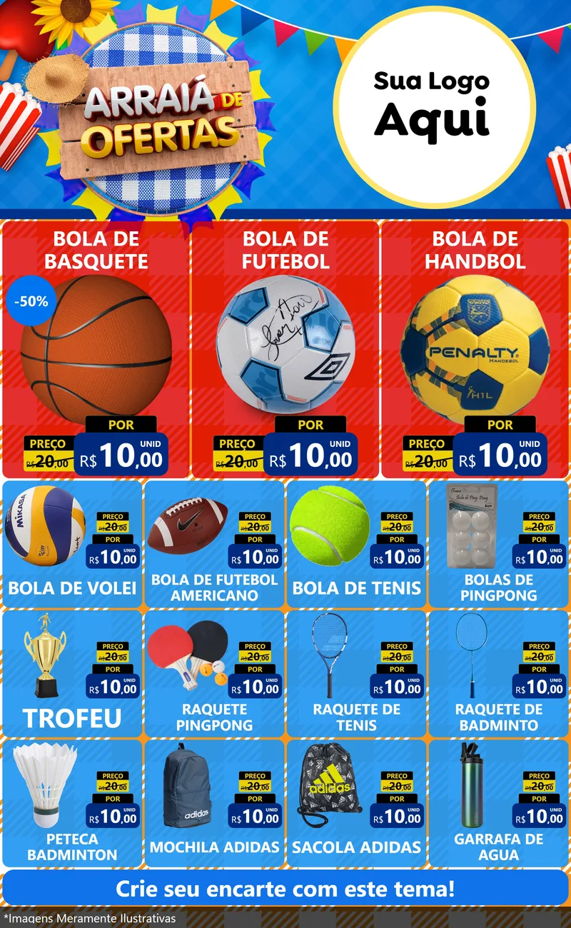 Modelo de Encarte para Encarte Grande com o tema Arraiá de Ofertas para Artigos Esportivos