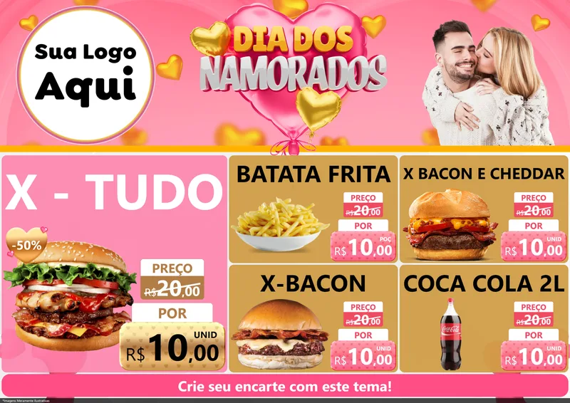 Modelo de Encarte para Encarte A4 Horizontal com o tema Dia dos Namorados para Hamburgueria