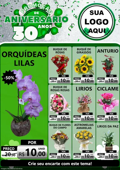 Modelo de Encarte para Encarte A4 Vertical com o tema Promoção de Aniversário - 30 Anos para Floricultura e jardim