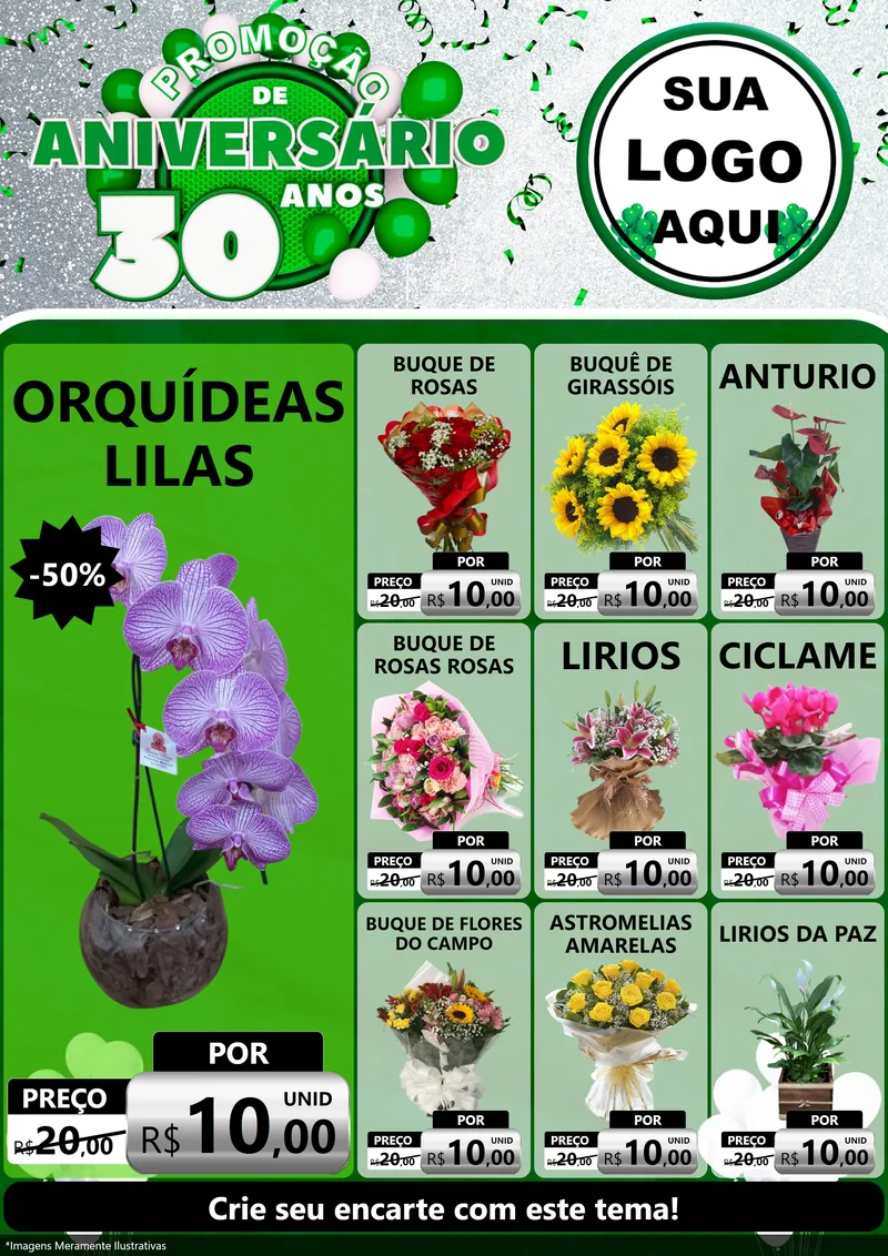 Modelo de Encarte para Encarte A4 Vertical com o tema Promoção de Aniversário - 30 Anos para Floricultura e jardim