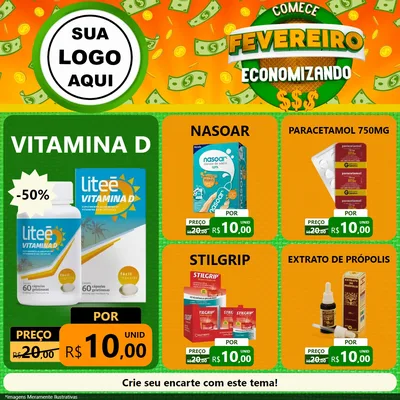 Modelo de Rede Social para Feed Facebook com o tema Comece Fevereiro Economizando para Farmácia