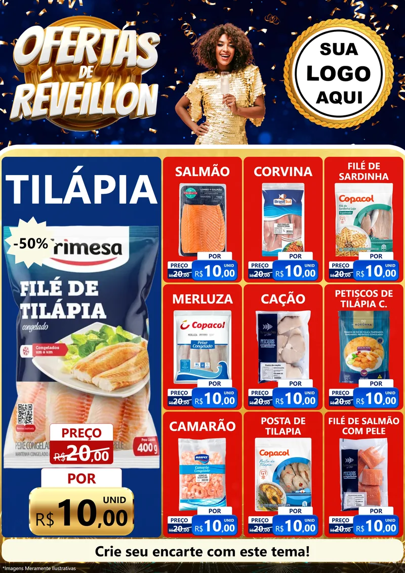 Modelo de Encarte para Encarte A4 Vertical com o tema Ofertas de Réveillon para Peixaria