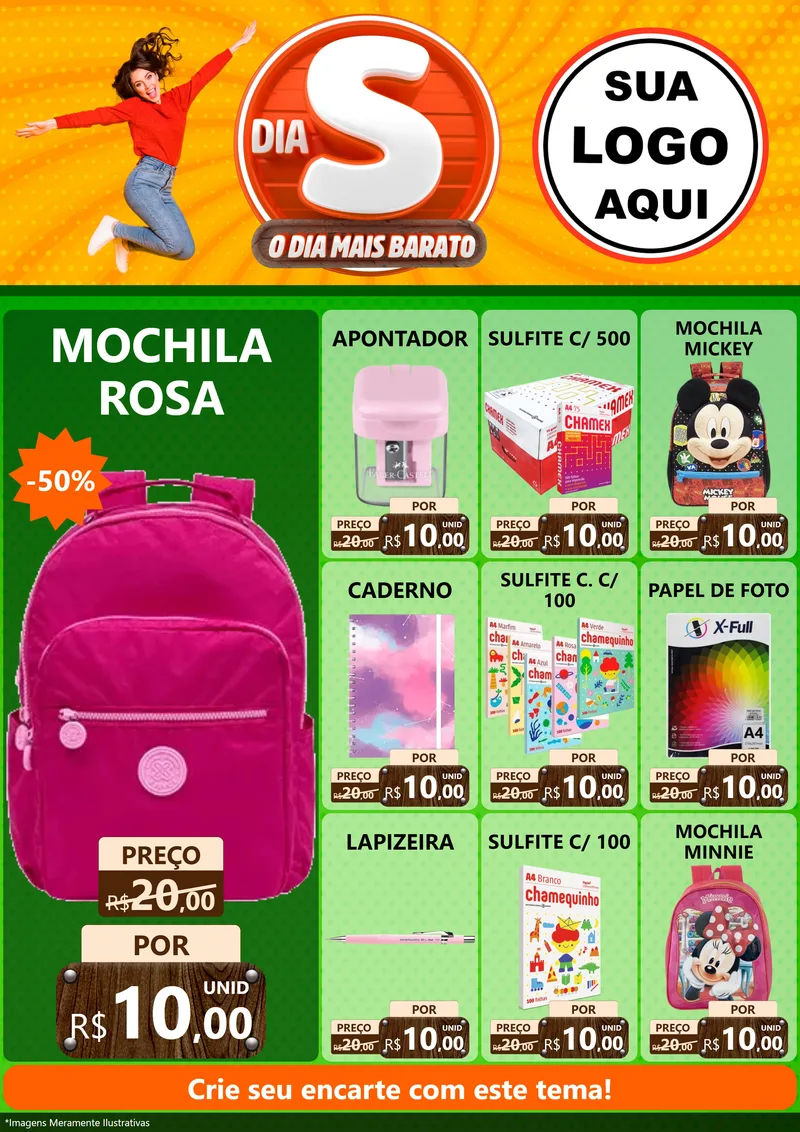 Modelo de Encarte para Encarte A4 Vertical com o tema Dia S - O Dia Mais Barato para Papelaria
