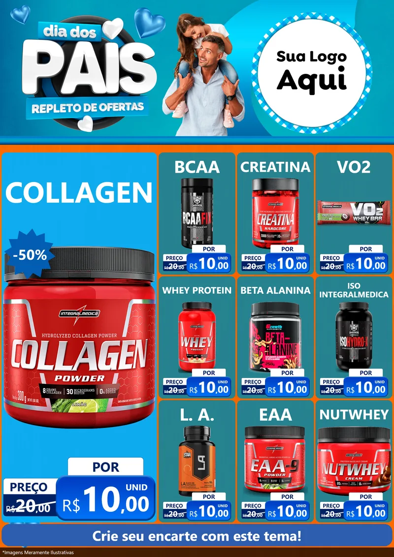 Modelo de Encarte para Encarte A4 Vertical com o tema Dia Dos Pais Repleto de Ofertas para Suplementos alimentares