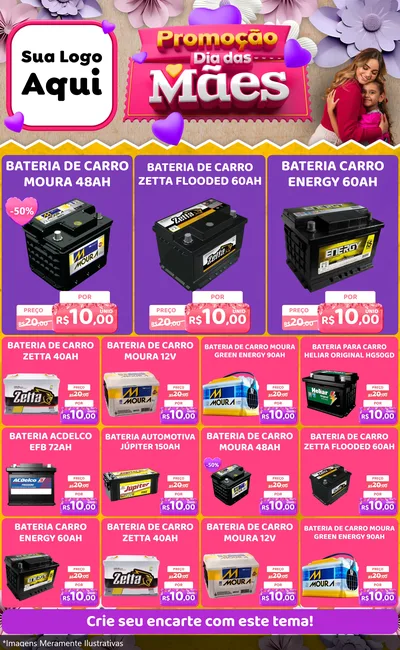 Modelo de Encarte para Encarte Grande com o tema Promoção Dia das Mães para Baterias Elétricas