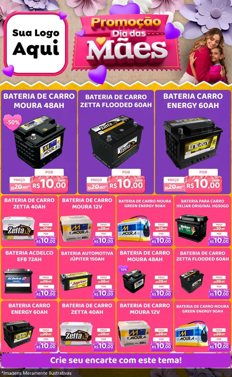 Modelo de Encarte para Encarte Grande com o tema Promoção Dia das Mães para Baterias Elétricas