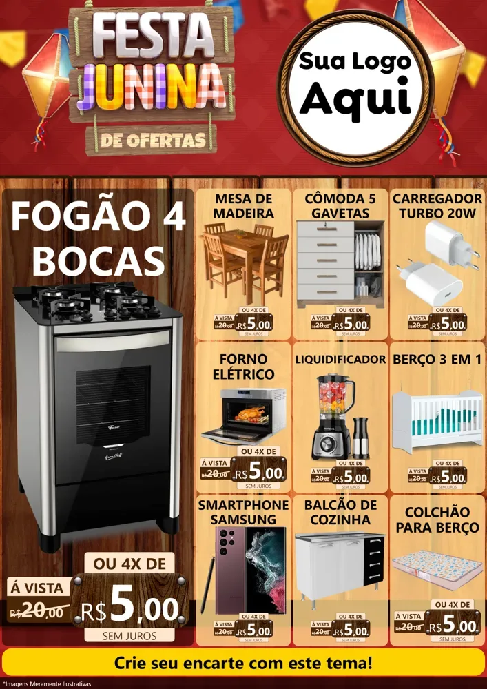 Modelo de Encarte para Encarte A4 Vertical com o tema Festa Junina de Ofertas para Móveis e Eletro