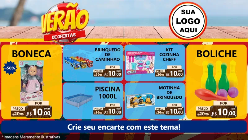 Modelo de TV para TV Horizontal com o tema Verão de Ofertas para Brinquedos