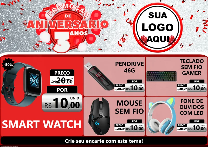 Modelo de Encarte para Encarte A4 Horizontal com o tema Promoção de Aniversário - 3 Anos para Informática