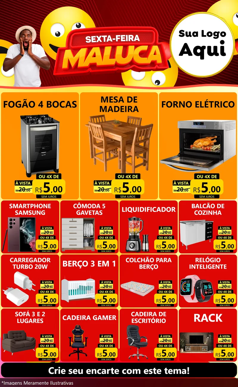 Modelo de Encarte para Encarte Grande com o tema Sexta-feira Maluca para Móveis e Eletro