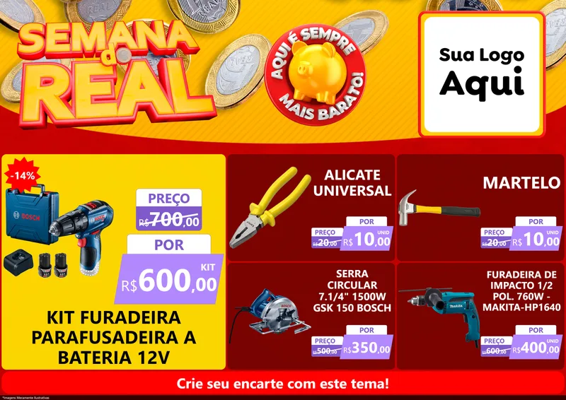 Modelo de Encarte para Encarte A4 Horizontal com o tema Semana do Real para Maquinas e Ferramentas