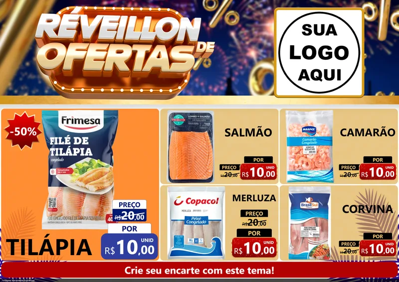 Modelo de Encarte para Encarte A4 Horizontal com o tema Réveillon de Ofertas para Peixaria