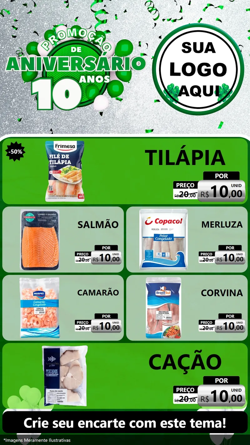Modelo de TV para TV Vertical com o tema Promoção de Aniversário - 10 Anos para Peixaria