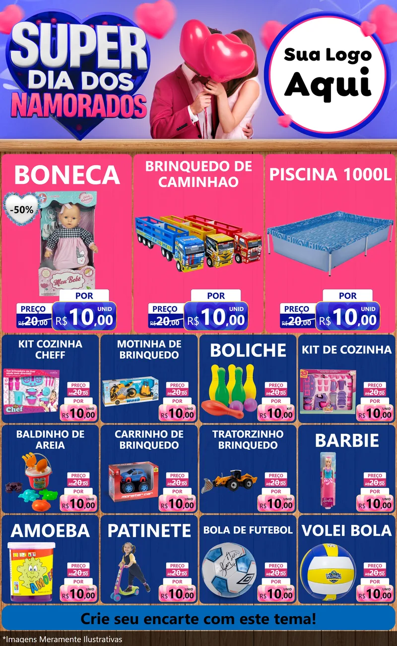 Modelo de Encarte para Encarte Grande com o tema Super Dia dos Namorados para Brinquedos