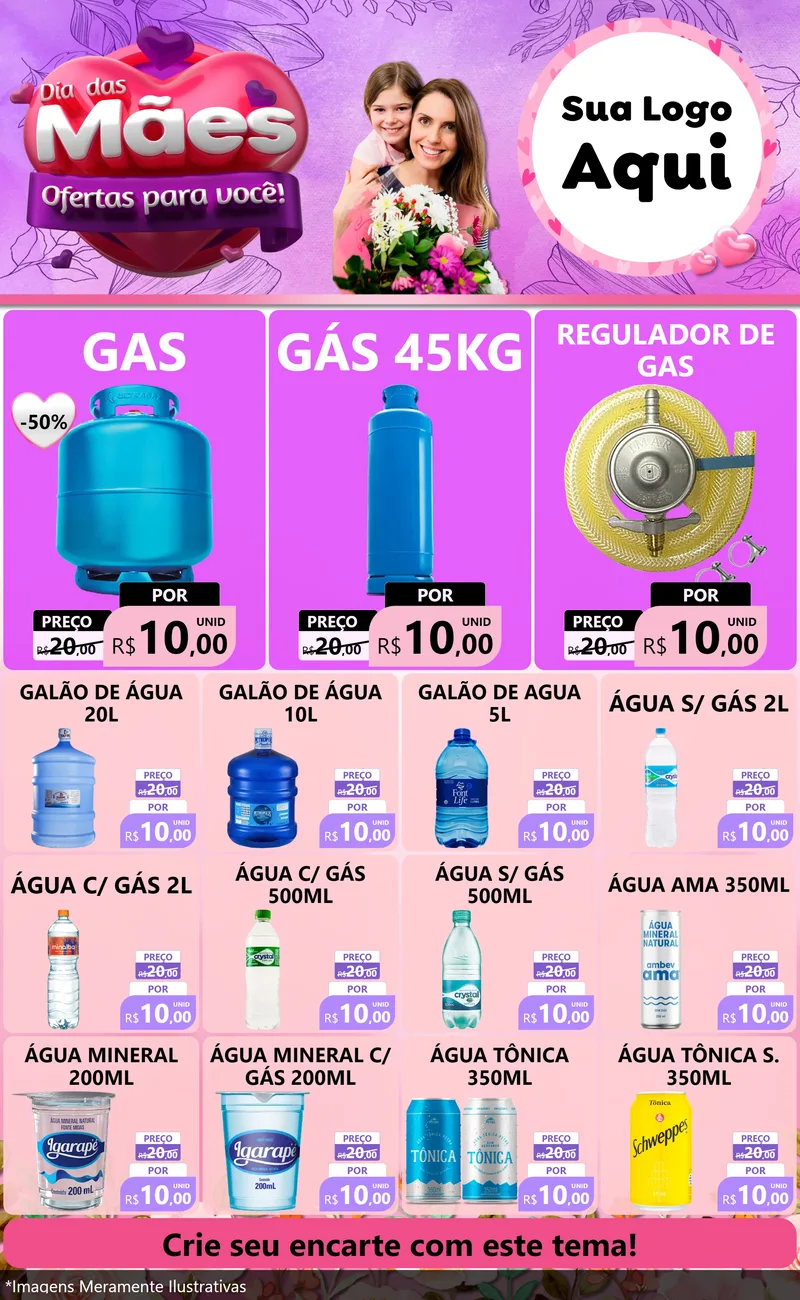 Modelo de Encarte para Encarte Grande com o tema Dia das Mães Ofertas para Você! para Água e gás