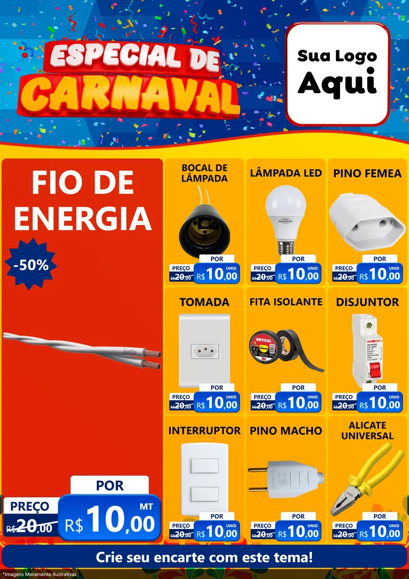 Modelo de Encarte para Encarte A4 Vertical com o tema Especial de Carnaval para Materiais Elétricos