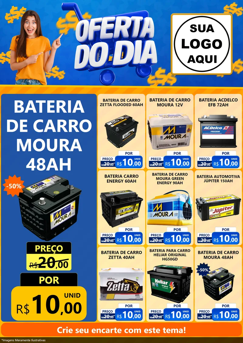 Modelo de Encarte para Encarte A4 Vertical com o tema Oferta do Dia para Baterias Elétricas