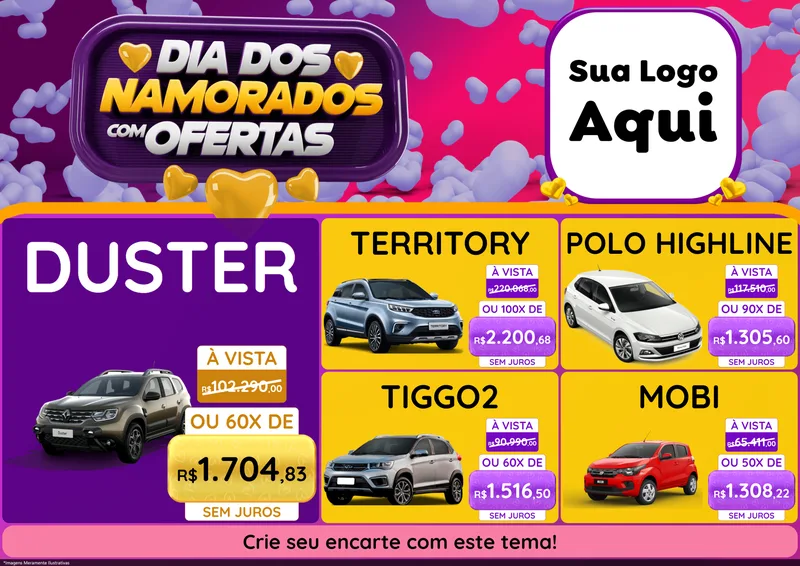 Modelo de Encarte para Encarte A4 Horizontal com o tema Dia Dos Namorados Com Ofertas para Concessionaria de Carros