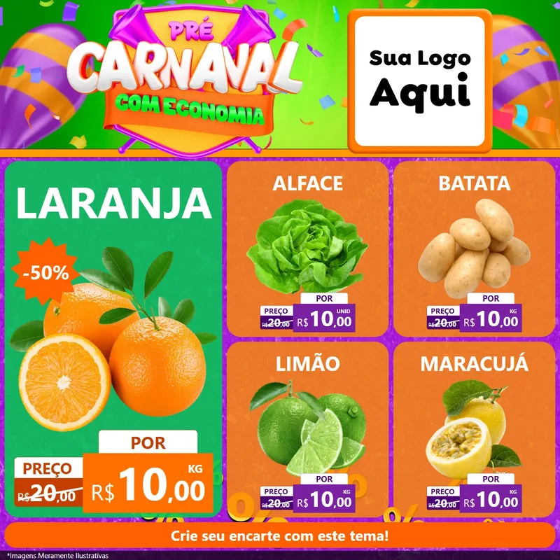 Modelo de Rede Social para Feed Facebook com o tema Pré-Carnaval Com Economia para Hortifrúti