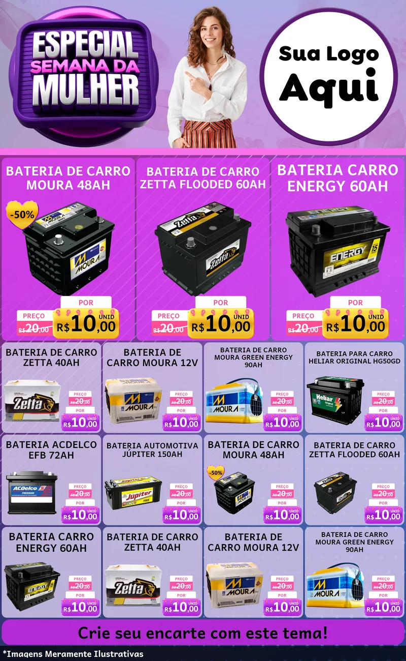 Modelo de Encarte para Encarte Grande com o tema Especial Semana da Mulher para Baterias Elétricas