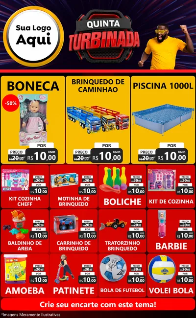 Modelo de Encarte para Encarte Grande com o tema Quinta Turbinada para Brinquedos