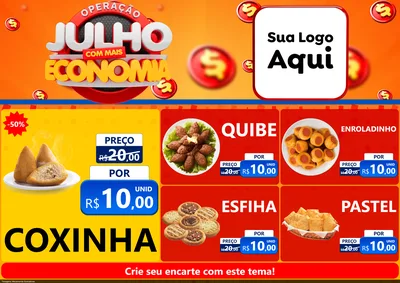 Modelo de Encarte para Encarte A4 Horizontal com o tema Operação Julho Com Mais Economia para Salgadaria