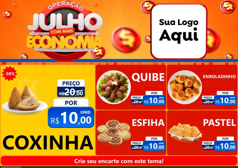 Modelo de Encarte para Encarte A4 Horizontal com o tema Operação Julho Com Mais Economia para Salgadaria
