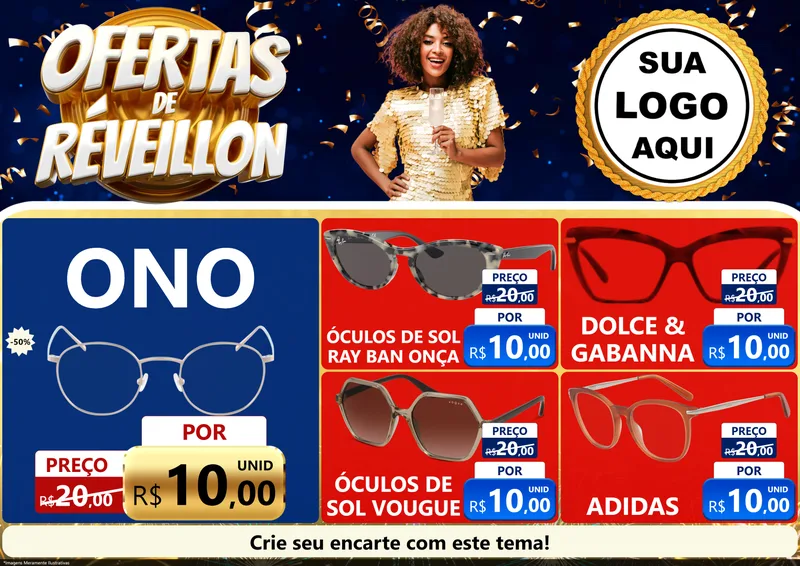 Modelo de Encarte para Encarte A4 Horizontal com o tema Ofertas de Réveillon para Óticas