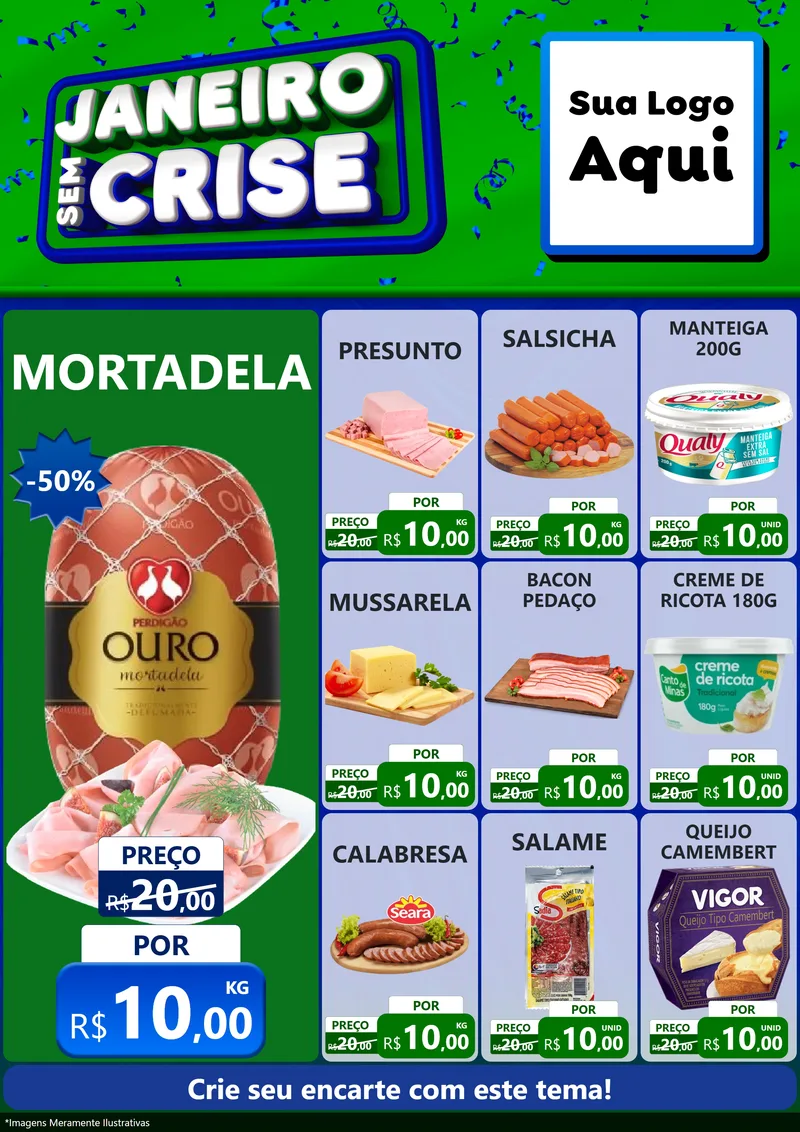 Modelo de Encarte para Encarte A4 Vertical com o tema Janeiro Sem Crise para Frios e Laticínios