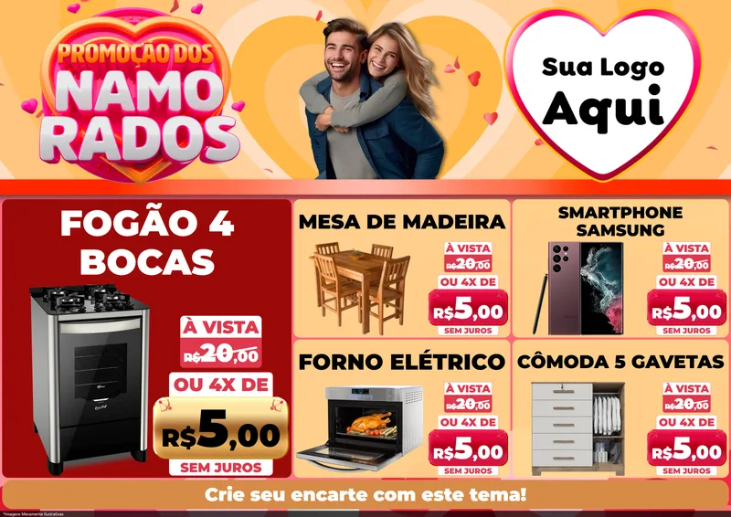 Modelo de Encarte para Encarte A4 Horizontal com o tema Promoção dos Namorados para Móveis e Eletro
