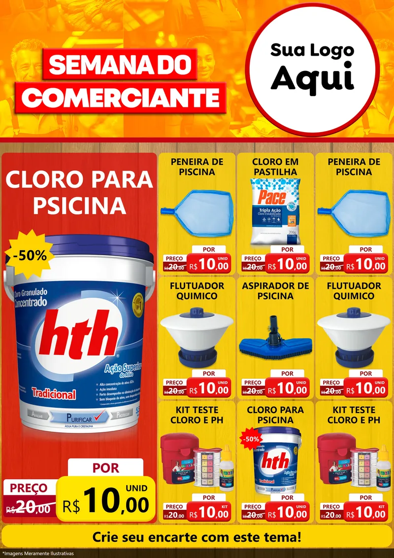 Modelo de Encarte para Encarte A4 Vertical com o tema Semana do Comerciante para Produtos para Piscina