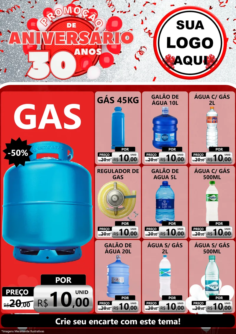 Modelo de Encarte para Encarte A4 Vertical com o tema Promoção de Aniversário - 30 Anos para Água e gás