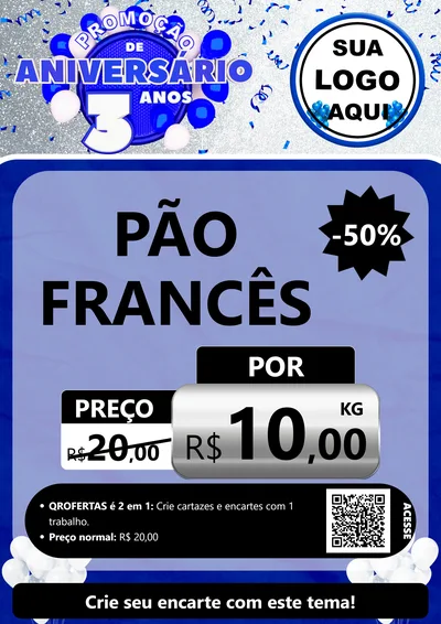 Modelo de Cartaz para Cartaz A4 Vertical com o tema Promoção de Aniversário - 3 Anos para Padaria
