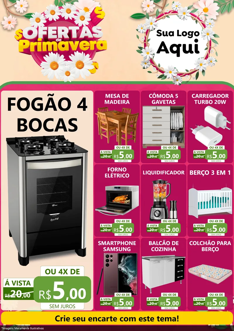 Modelo de Encarte para Encarte A4 Vertical com o tema Ofertas de Primavera para Móveis e Eletro
