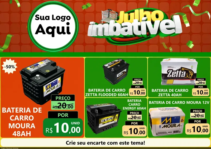 Modelo de Encarte para Encarte A4 Horizontal com o tema Julho Imbatível para Baterias Elétricas