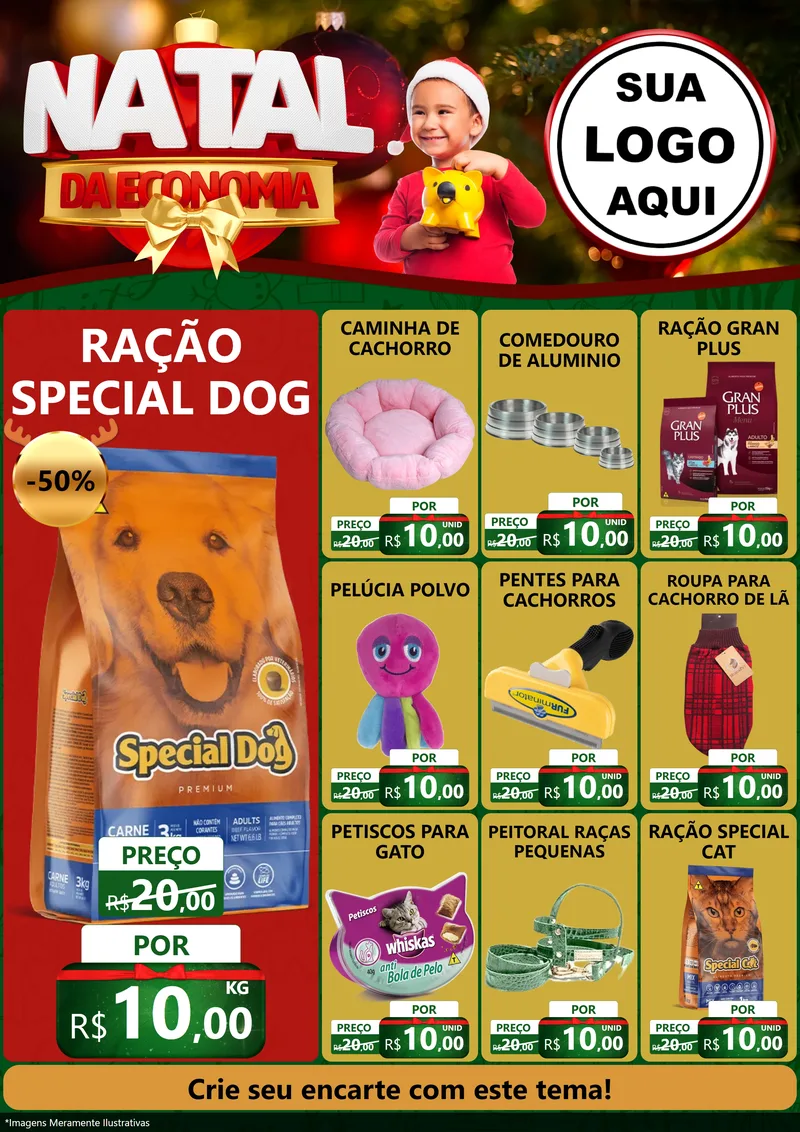 Modelo de Encarte para Encarte A4 Vertical com o tema Natal da Economia para Pet Shop