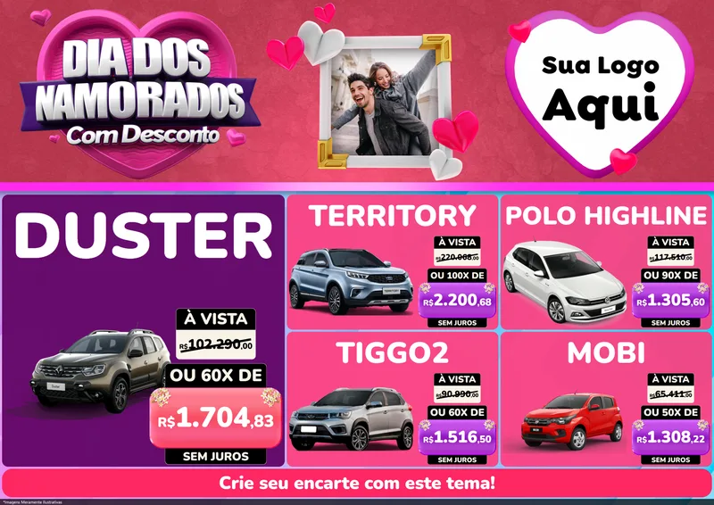 Modelo de Encarte para Encarte A4 Horizontal com o tema Dia Dos Namorados Com Desconto para Concessionaria de Carros