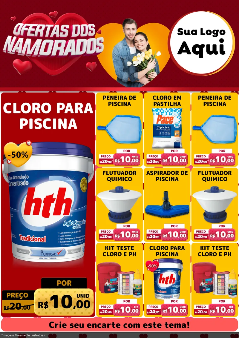 Modelo de Encarte para Encarte A4 Vertical com o tema Ofertas Dos Namorados para Produtos para Piscina