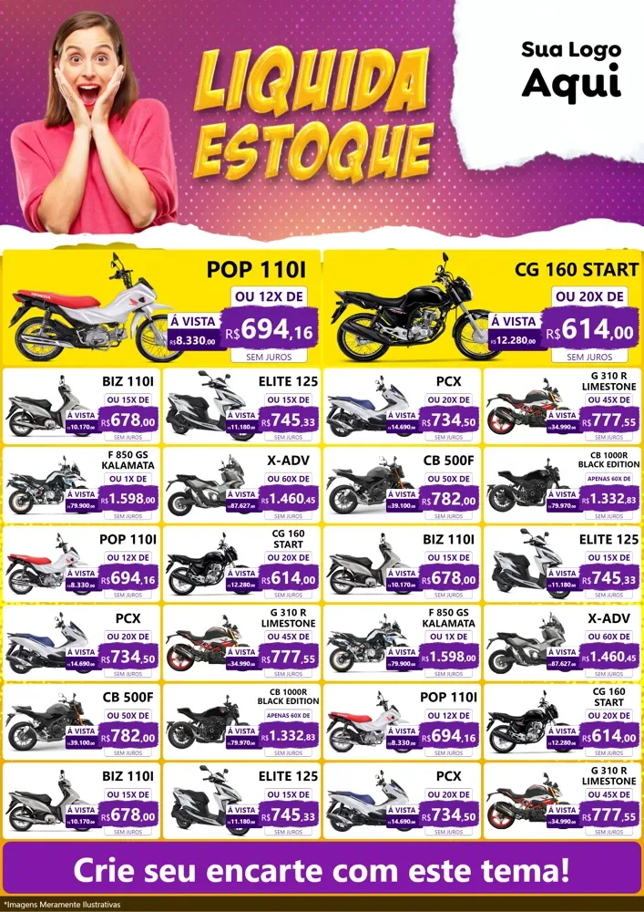 Modelo de Encarte para Encarte A4 Vertical com o tema Liquida estoque para Concessionaria de Motos