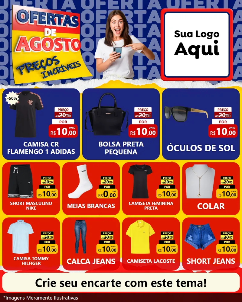 Modelo de Rede Social para Feed Instagram com o tema Ofertas de Agosto - Preços Incríveis para Roupas e acessórios