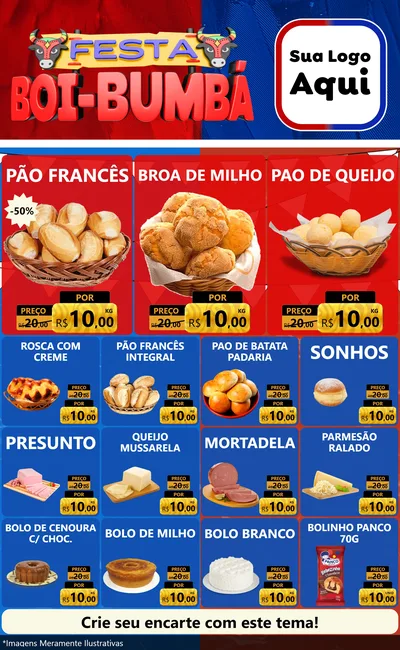Modelo de Encarte para Encarte Grande com o tema Festa Boi Bumbá para Padaria