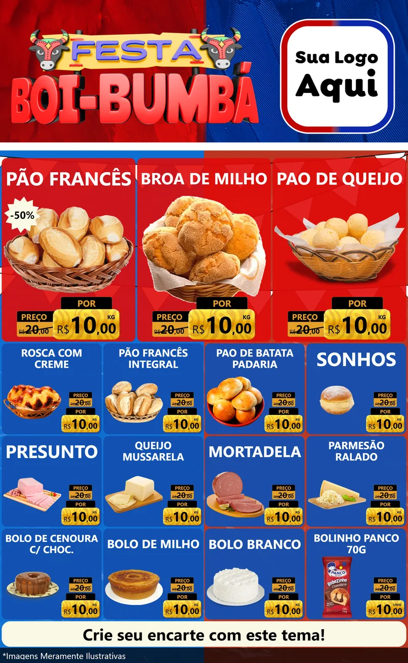 Modelo de Encarte para Encarte Grande com o tema Festa Boi Bumbá para Padaria