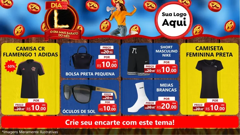 Modelo de TV para TV Horizontal com o tema Dia L - O Dia Mais Barato Do Mês para Roupas e acessórios