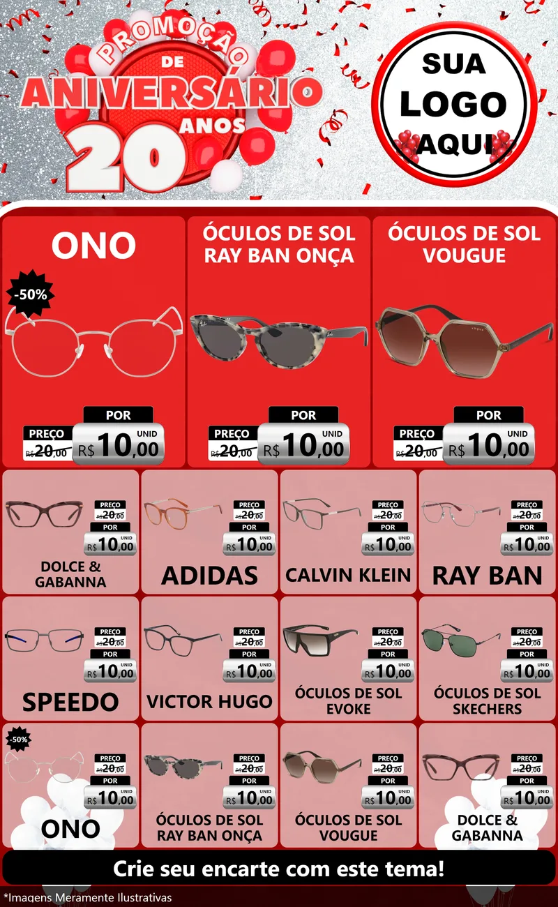Modelo de Encarte para Encarte Grande com o tema Promoção de Aniversário - 20 Anos para Óticas