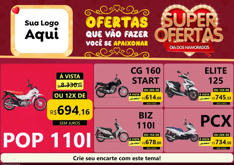 Modelo de Encarte para Encarte A4 Horizontal com o tema Dia dos Namorados para Concessionaria de Motos