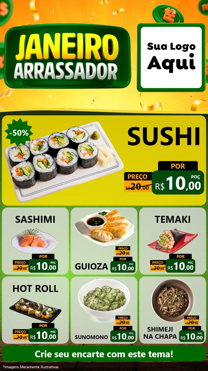 Modelo de Rede Social para Stories com o tema Janeiro Arrasador para Comida japonesa