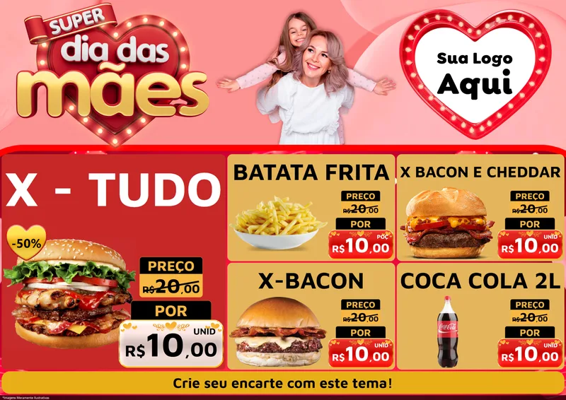 Modelo de Encarte para Encarte A4 Horizontal com o tema Super Dia Das Mães para Hamburgueria