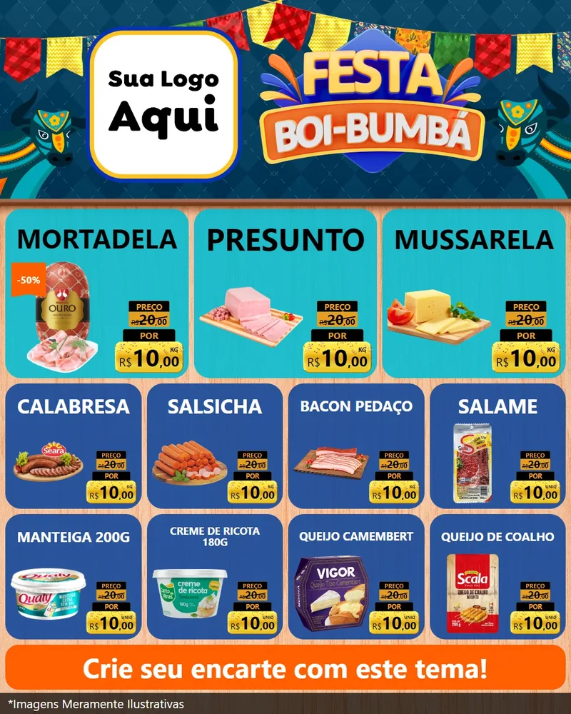 Modelo de Rede Social para Feed Instagram com o tema Festa Boi Bumbá para Frios e Laticínios