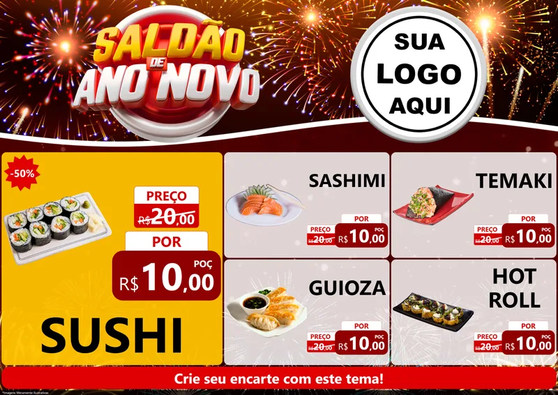 Modelo de Encarte para Encarte A4 Horizontal com o tema Saldão de Ano Novo para Comida japonesa